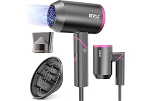 Hair Dryer Hairdryers for Women and Men - DEWILY Ionic Blow Dryer, 3 Temperature with 2 Speed for Curling Hair and Straight Hair, Small and Lightweight Travel Hairdryer (Grey/Rose-2 Nozzle)