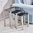 Ansley&HosHo Black Glass Nesting Tables Glossy Nest of 3 Tables Rectangular with Chrome Legs Sofa Side Table End Table Coffee Table for Living Room Reception Room Limited Space