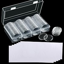 MATANA 200 Acrylic Coin Caps (33mm) with 200 Adjustable Foam Seals & 2 Storage Boxes - Coin Collection for All Coin Sizes