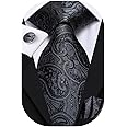 Hi-Tie Men Tie Set Silk Necktie with Pocket Square Cufflinks Set Striped Necktie for Wedding Business