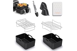 PUO Air Fryer Accessories, 8pcs for Ninja Dual AF400UK & Tower T17088 & AF300UK, Dual Silicone Air Fryer Liners & Gloves, Air Fryer Rack & Food Tong & Paper Lining Compatible with Oven, Microwave