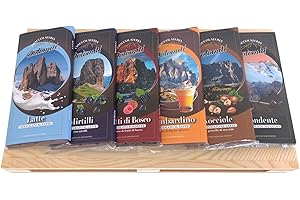 SATTIE Confezione Regalo Cioccolata Cioccolateria Dolomiti, con Immagini delle Dolomiti, 6 Tavolette di Cioccolato Artigianale (Vari Gusti), Confezionate su un Mini Pallet in Legno