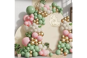 LUOBITO Green Pink Balloon Arch Kit, 132pcs Sage Green Pastel Pink White Gold Balloons Garland, Retro Green Matte Latex Balloons for Birthday Wedding Baby Shower Jungle Safari Party Decorations