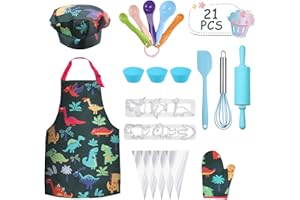 Anpro Children's Cooking Baking Set Role-Plays for Kid Aged +6, Blue Dinosaur Theme Chef Hat Gloves Apron, Cookie Mold Set,Toys for Boys and Girls…