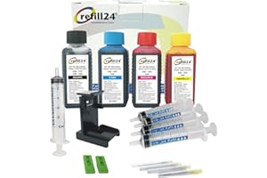 refill24 - Kit de Recharge Compatible pour Cartouches HP 338, 343, Noir et Couleur, Encre de Haute qualité - avec Clip et Accessoires