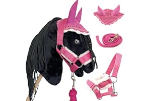 HOBBY HORSE LAND Hobby Horse Frison Noir pour Hobby Horsing pour Enfants et Adolescents de 7 à 20 Ans- Cheval bâton avec Filet, rênes + Accessoires Bonnet et Licol moumoute