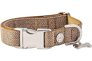 HUGO & HUDSON Tweed Dog Collar Adjustable Quick Release Safety Buckle, Caramel Checked Herringbone L