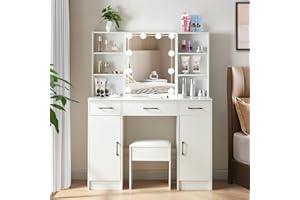 Umeiga Large Makeup Vanity with Lights, 43" W Vanity Desk with Mirror and Drawers for Makeup, Big Modern Vanity Table Set with Vanity Stool for Bedroom, White