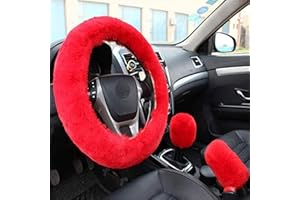 Fluffy Steering Wheel Cover, ZYNQACC Fuzzy Steering Wheel Cover for Women, Fashion Warm Wool Furry Steering Wheel Covers with Handbrake Cover & Gear Shift Cover, 1 Set 3 Pcs, 38CM… (RED)
