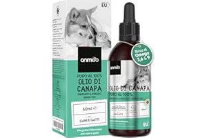 ANIMIGO Olio di Canapa per Cani e Gatti da 60ml in Gocce, 100% Puro Spremuto a Freddo Senza THC, Fornisce Omega 3,6,9, Gocce Calmanti per Cani e Gatti, Aggressività, Separazioni, Fuochi d'Artificio, Viaggi