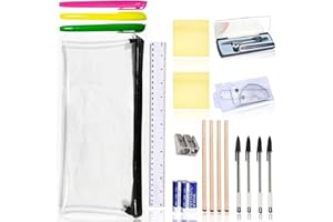 OBYJCA 22 Pcs Back to School Stationery Set, School Stationary Sets, Assorted Stationery Pack with 4 Graphite Pencils, 4 Pens, 3 Highlighter, 2 Eraser & Sharpener, Compass, Pencil Case, 2 Post Notes