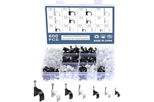 Coolty Round Cable Clips, 600pcs Nail Cable Clips Assortment 4mm 5mm 6mm 7mm 8mm 10mm 12mm Nail Wall Clips for Wire Ethernet Cable Telephone Cable TV Wire Various Cables Fixing