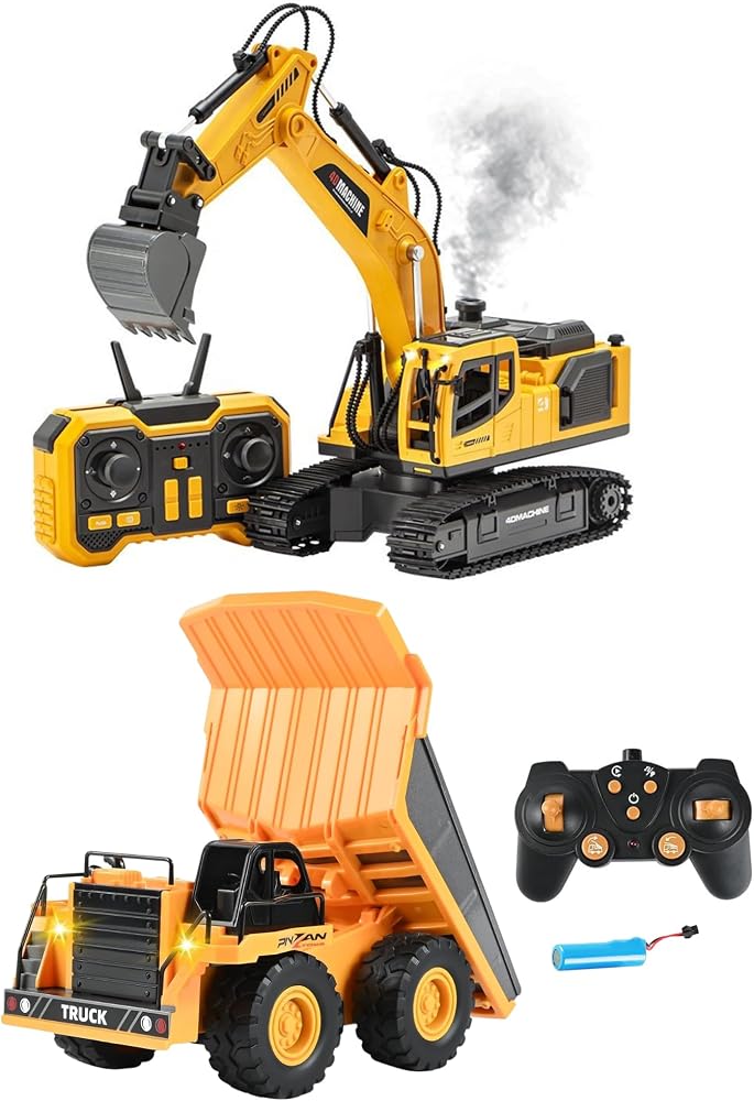 Oyuncak Uzaktan Kumandalı İş Makinesi 2'li Set Metal Başlıklı Buharlı Ekskavatör ve Damperli Kamyon Şarjlı LED Işıklı Sesli