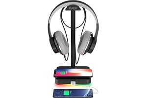 RGB Headphone Stand with Wireless Charger KAFRI Desk Gaming Headset Holder Hanger Rack with 10W/7.5W QI Charging Pad and QC 3.0 USB Port - Suitable for Gamer Desktop Table Game Earphone Accessories