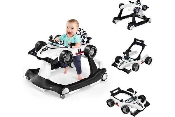 COSTWAY Trotteur Bébé Garçon Pliable 4 en 1 avec 3 Hauteur Réglable, Trotteur Marche Bébé Garçon Évolutif avec Musique & Lumière, Roues Silencieuses, 5 Patins Antidérapants pour 6-18 Mois(Blanc)
