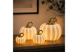 Jumbos Dekorativ värld pumpa av porslin med LED – lysande dekoration pumpa vitt guld, 6H timer, höstdekoration, halloweendeko
