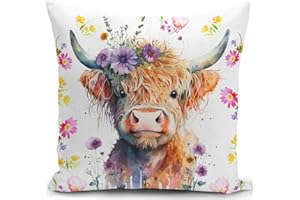 KUNQIAN Cushion Cover Highland Cow Decorations Scottish Gift for Women Pillow Cover Animal Outdoor Flower Throw Pillow Case Decor Home Livingroom Couch Sofa 18"x18"(45x45cm)