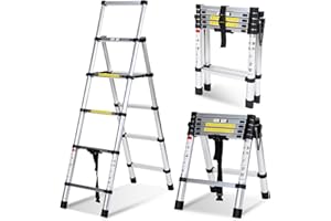 Lospitch Escalera telescópica plegable 1,4 + 1,7 m de aluminio antideslizante, escalera multiusos con marco en A, escalera de aluminio de 4 + 5 peldaños, capacidad de carga de 150 kg
