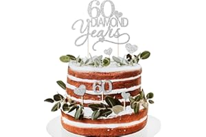 BOOMTOP 7Pcs 60 Diamond Years Cake Toppers Silver Glitter 60th Diamond Wedding Anniversary Birthday Cake Toppers Heart Cake Decoration for 60th Celebration Party Supplies