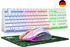 ZIYOU LANG Kabelgebundene weiße Gaming-Tastatur mit Maus Deutsches Layout QWERTZ Kabelgebundene Tastatur LED-RGB-Hintergrundbeleuchtung 2400 DPI 6-Tasten-Maus Tastatur und Maus kompatibel mit PC PS5 PS4 Xbox