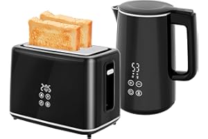 HOMCOM Digital Stainless Steel Kettle and Toaster Set, 1.5L 3000W Fast Boil Kettle, 2 Slice Toaster with 7 Level Browning Controls, Defrost, Reheat, Keep Warm, Crumb Tray and LED Touch Display, Black
