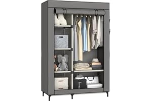 Buzowruil Canvas Wardrobe Portable Closet Wardrobe Clothes Storage with 6 Shelves and Hanging Rail,Non-Woven Fabric, Quick and Easy Assembly,Grey