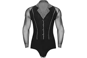 inlzdz Costumi Prestazioni Uomo Camicia da Latino Moderno Slim Fit Vestito con Strass Danza Uomo Body da Ballo Tango Samba Rumba Pratica Prestazione