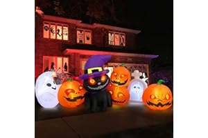 DANXILU Danilu 2,4m Lunghi Gonfiabile Halloween Zucca e Gatto nero con Fantasmi di Lapide, Decorazioni Simpatici per Esterni, Interni, con LED Luminosi, per Festa in Giardino sul Prato