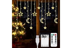 Lypumso Cortina de Luces LED, 3.5m 120LED Luces de Navidad Estrellas y Lunas, 8 Modos, IP44, con Control Remoto, Cadena de Luces navidad Ideal para Decoración de Fiesta de Navidad, Dormitorio, Jardín