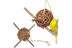 Vogelgaleria® 2er Set prall mit Heu gefüllte Weidenkugel 10cm zum knabbern und Klettern für Vögel | Bestes Wellensittich Spielzeug für den Käfig | Ideales Knabberspielzeug Vogelzubehör handgemacht