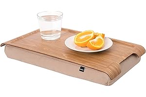 Bosign Laptray with bean bag cushion. Portable Lap desk for Laptop, Breakfast, Dinner. Washable, removable cushion cover. Natural Willow Wood. Brown cushion. MINI (43x23x6,5 cm)