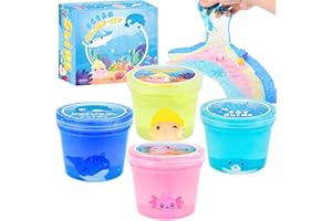 AXCOIUP 4 Pack Crunchy Crystal Slime, Pink Axolotl, Green Ray, Yellow Octopus and Blue Narwhal Clear Slime Party Favors for Kids, Soft & Non-Sticky, Birthday Gift for Girls and Boys Age 3+