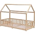 CFDZ Solid Pine Wood Kids BedFrame Single Bed Frame House Scandinavian Style Natural Bed Frame for Boy and Girl for Bedroom Furniture, Mattress (WITHOUT) 90x190 cm