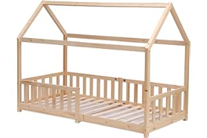 Kingwudo® White and Natural Pine Wood Bed Frame Kids Bed Scandinavian House Style for Girls or Boys Standard Single Bed Frame for Bedroom Furniture, Mattress (WITHOUT) 90x190 cm (Natural)