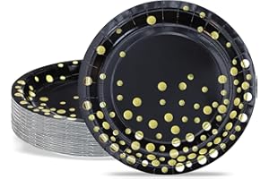 ZVK Assiettes à dessert 18cm Paillettes dorées Assiettes en Carton jetables Noir Assiette en papier 50 pièces Vaisselle Jetable pour baptême, anniversaire, mariage