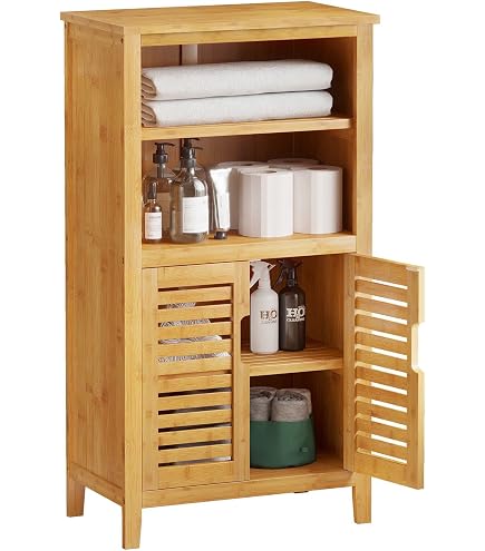 Armoire D'appoint En Bambou - Meuble Rangement 3 Compartiments 82x33x27 Cm - Pour Salon, Salle De Bain, Bureau