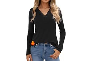 Crewhpo Haut Thermique Femme avec Dentelle Col V T Shirt Thermiques Cotton à Manches Longues sous Pull Hiver Chaud Tee Shirt Thermolactyl Casual Couleur Unie XS-XXL
