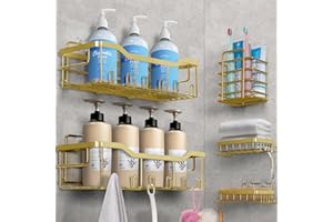 Laimew Duschablage Ohne Bohren, 5 Stück Badezimmer Organizer, Duschregal Ohne Bohren, Bad Organizer Badezimmer Regal Golden aus SUS304 Edelstahl, Badregal Duschkorb Shampoo Halterung für Dusche