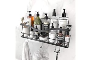 KINCMAX Shower Shelf - Self Adhesive Shower Caddy with 4 Hooks - No Drill Large Capacity Stainless Steel Rack - Aesthetic Shower Organiser for Bathroom Wall Decor - Matte Black