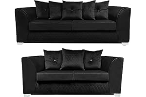 FURNISHINGS FOR LESS UK Victoria Black Plush Velvet Sofa Suite with Chrome Feet - 3, 2 Seaters for Living Rooms (Black, Sofa Set 3+2)