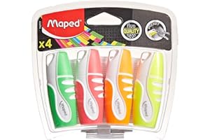 Maped - Material Escolar - Subrayador Pocket Soft - 4 Subrayadores Mini de Colores - Amarillo, Naranja, Verde y Rosa - Punta Biselada - Trazo de 1 a 5 mm - Ideal para el Estuche