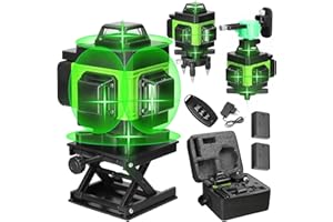 QAWNER Nivel Laser autonivelante 4 x 360°, 4D 16 líneas nivel láser autonivelante 360 grados horizontal y vertical, IP54, laser autonivelante con control remoto y 2 x 2600mAh Baterías (Sin trípode)