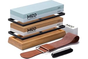 MIDO Professional Abrasive Kitchen Knife Sharpening Stone Set 4 Side Grit 400/1000 3000/8000 Whetstone Sharpener Stone Set, Water Stone Sharpening Stone Set with Non-slip Wood Base, Flattening Stone