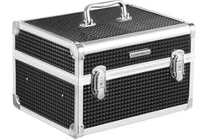 SONGMICS etui na akcesoria do makijażu, zamykana kosmetyczka, podróżny organizer na kosmetyki dla fryzjerów i makijażystów, ze zdejmowaną tacą, czarny JBC328B01