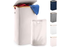 LONBET 100L Cesto Ropa Sucia con Tapa y Estructura de Bambú - Cubo Ropa Sucia Estético con Bolsa Extraíble, Asas Cómodas y Tela Transpirable para Uso Diario Eficiente - Laundry Basket, Beige