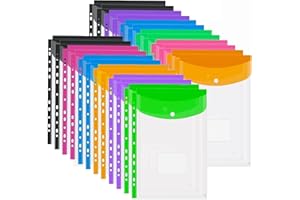 ASelected Lot de 24 Pochettes Plastiques A4 Extensibles Pour Dossiers, 6 Couleurs Transparentes Avec Fermeture à Pression et Pochette Pour Etiquette
