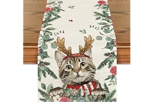 Artoid Mode Bieżnik na stół z kwiatami eukaliptusa, kot, Boże Narodzenie, zimowa dekoracja stołu, na urlop, imprezę, 40 x 140 cm