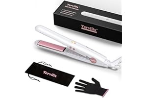 Terviiix Mini lisseur pour cheveux courts avec température réglable, double voltage, mini lisseur de voyage portable en céramique tourmaline avec pochette, arrêt automatique, blanc