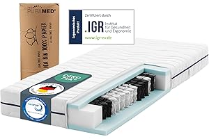 ‎PURAMED PURAMED Taschenfederkernmatratze 140x200 cm | Härtegrad H4 | Höhe 20 cm | ergonomische 7-Zonen Matratze | waschbarer Mikrofaser-Bezug | Oeko-TEX® & CertiPUR Zertifiziert | produziert in Deutschland