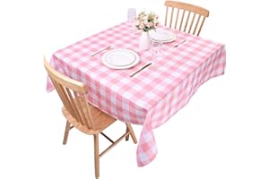 Kesfey Pink Gingham Tablecloths Polyester 140x140cm,Square Checkered Tablecloth Waterproof and Wrinkle Resistant for Outdoor and Indoor Use, Plaid Tablecloths Wipe Clean